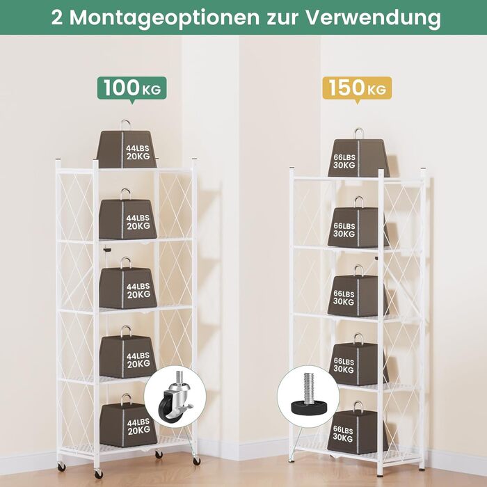 Складана полиця ALANNG на колесах - Окремостояча полиця з 5 полицями, Металева книжкова полиця - Міцна та без складання - Для кухні, вітальні, підвалу, офісу - Біла 154 x 62 x 29,5 см