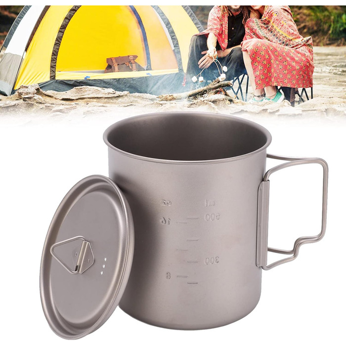 Титанова кружка FOUF, 750 мл, настінна ізольована кружка для кемпінгу, кемпінгова кружка зі складними ручками та кришкою, дизайн з нержавіючої сталі, портативна титанова кемпінгова каструля для кемпінгу, піших прогулянок та походів на природі