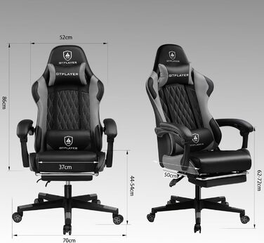 Ігрове крісло GTPLAYER - Ергономічне офісне крісло з регульованою поперековою опорою/підголівником та підставкою для ніг, вантажопідйомність 150 кг, сірий Ігрове крісло, крісло для ПК, письмове крісло