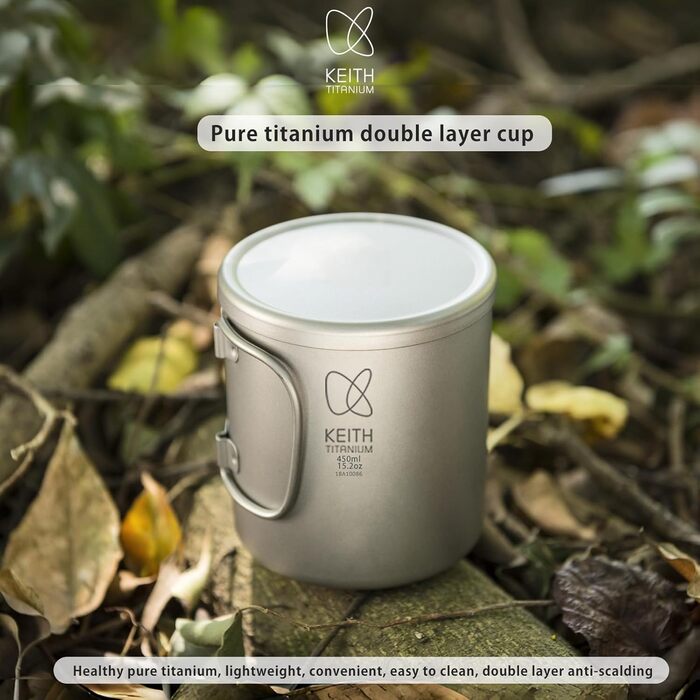 Чашка для кави та чаю Keith Titan Mug з подвійними стінками, кришкою та складною ручкою для кемпінгу на відкритому повітрі (450 мл)