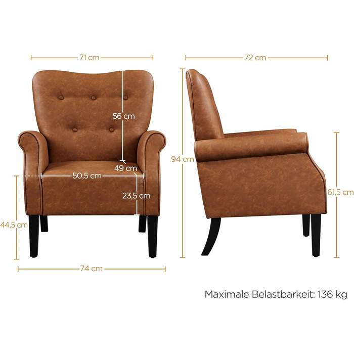 Сучасне крісло Yaheetech з вигнутою спинкою та дерев&39яними ніжками, м&39яке крісло-реклайнер, крісло для телевізора з підлокітниками, одномісний диван, комфортне сидіння, ретро-коричневий колір, поліуретан