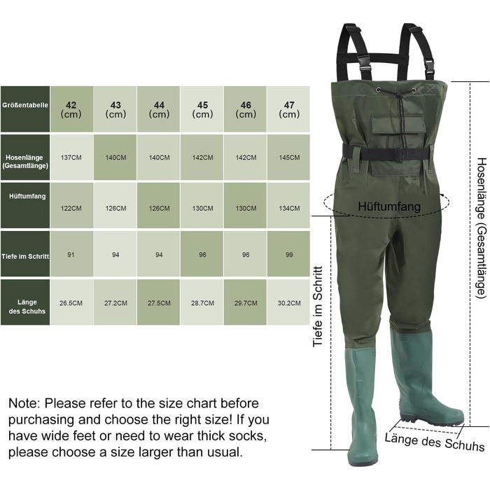 Вейдерси, чоловічі водонепроникні вейдерси, рибальські вейдерси з нейлонового композиту 70D та ПВХ, рибальські вейдерси з чобітьми, вейдерси для чоловіків та жінок для будівельних майданчиків, риболовлі, ферм, садів, розмір L, темно-зелені