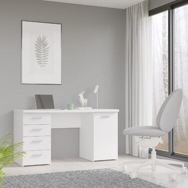 Письмовий стіл FORTE Net106 з 4 шухлядами та 1 дверцятами, інженерна деревина, матово-білий, 145 x 60 x 76,3 см. Матово-білий, 4 шухляди, 1 дверцята.