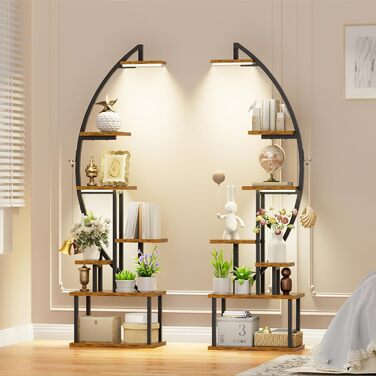 Підставка для рослин з лампою для вирощування - 7-ярусна підставка для квітів 165 см, металева дерев&39яна полиця для рослин - Квіткові драбини для приміщень та вулиці - Декоративна чорна квіткова полиця для внутрішнього саду, балкону, 2 шт.