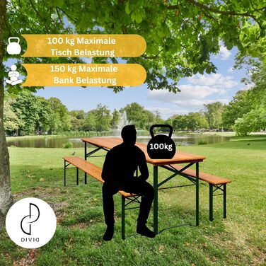 Комплект пивних наметів DIVID, 3-елементний, складаний та портативний, комплект пивних наметів, 2 лавки та 1 стіл, тримач для парасольки, дерев&39яний, комплект сидінь, пивний стіл, 170x46x75, комплект садових меблів