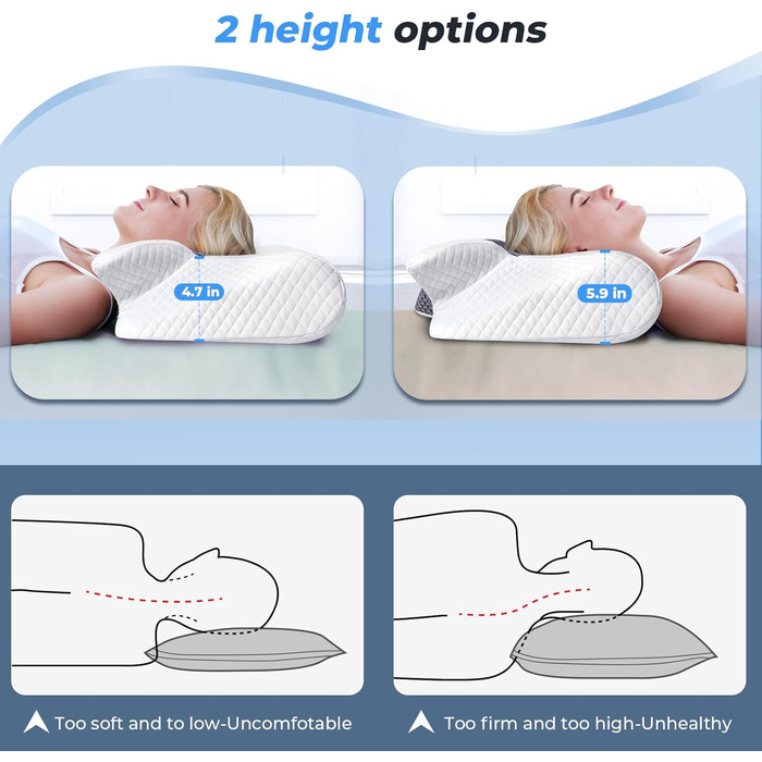 Подушка для шиї SAHEYER з піни з ефектом пам&39яті, подушка для підтримки шиї 2 в 1, подушка для голови для сну на боці, животі та спині, з пральною та дихаючою наволочкою, 59 * 43 * 12/15 см, сіро-біло-сіра