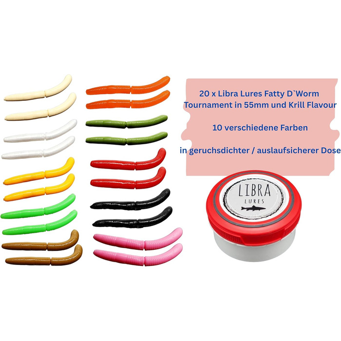 Стартовий набір Libra Lures Fatty D Worm Tournament 55 мм 20 мяких приманок для форелі 10 кольорів з ароматом криля набір гумових приманок герметичний контейнер ідеально підходить для лову форелі