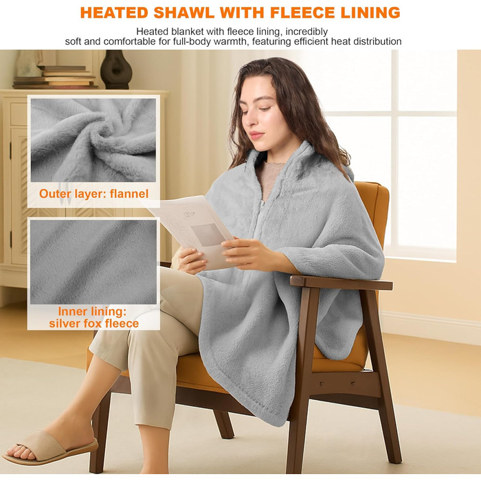 Бездротова ковдра з підігрівом 160x90 см з акумулятором 16000 мАг, фланелева електрична ковдра з підігрівом та 6-зонним обігрівом, 3 налаштування температури, ковдра з підігрівом, яку можна прати, для дивана, офісу, автомобіля, кемпінгу (сіра)