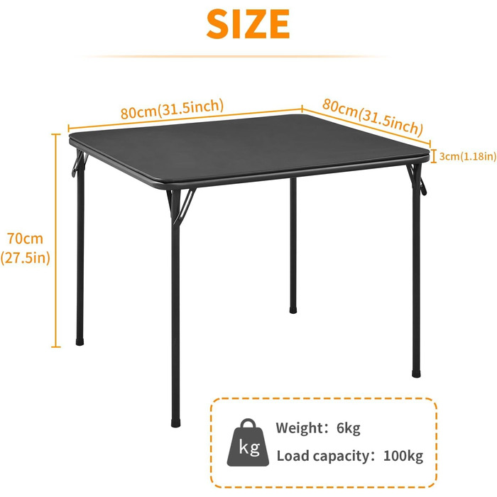 Складаний стіл BOOSDEN, багатофункціональний стіл, складний стіл для кемпінгу, саду, балкону, обідньої зони, 80 см x 80 см x 70 см, чорний