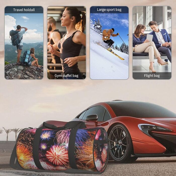 Спортивна сумка, дорожня сумка, стильний принт Феєрверк, сумка для подорожей на ніч, чорна, універсальний розмір