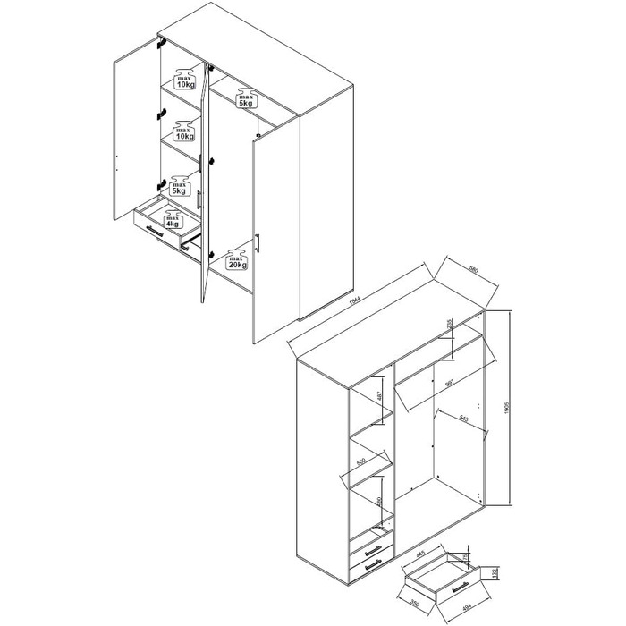 Шафа LYSS, біла з шухлядами - Універсальна 3-дверна шафа для спальні білого кольору, ефект дуба Сан-Ремо - 155 x 194 x 58 см (Ш/В/Г) Ширина 155 см Білий дуб Сан-Ремо
