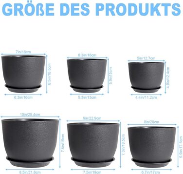 Квітковий горщик, упаковка з 6 горщиків з блюдцем, кашпо 25/23/20/18/16/13 см, квіткові горщики з дренажними отворами та лотками, набір квіткових горщиків ідеально підходить для кімнатних садів та балконів (чорний)
