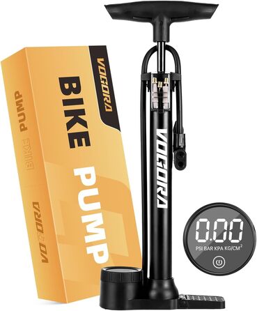Велосипедний насос VOGORA, підлоговий, 16.5 дюймів (~42 см), 11 бар / 160 PSI, інтегрований циліндр (сталь), чорний