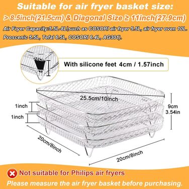 Решітки для аерофритюрниці, квадратна тришарова стійка з нержавіючої сталі 304, аксесуари для фритюрниці, аксесуари для фритюрниці Cosori, решітка для гриля