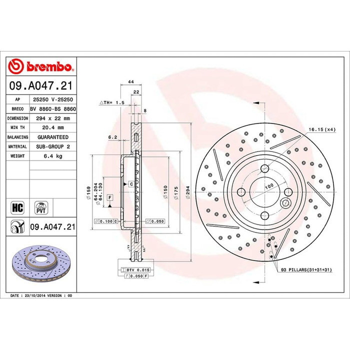 Гальмівні диски передні Brembo 09.A047.21 з UV-покриттям, 2 шт.