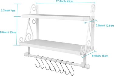 Дерев&39яна настінна полиця, плаваюча полиця, підвісна полиця, 2-рівнева полиця для спецій, кухонна полиця, органайзер для настінних полиць, полиця для ванної кімнати з 8 знімними гачками для ванної кімнати, вітальні, коридору, біла