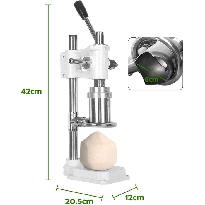 Відкривач кокосових ковпачків, ручний відкривач для кокосів з нержавіючої сталі, комерційний ручний відкривач для кокосових горіхів, ручка, що економить час і працю регульована висота, розмір відкриття 6 см, білий