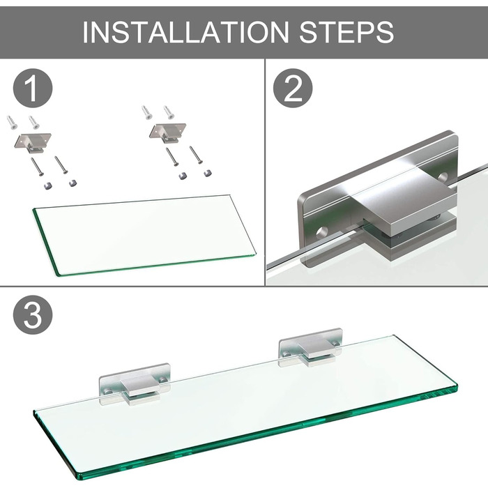 Скляна полиця для ванної кімнати, полиця для душу з алюмінієвим тримачем, органайзер для шампуню загартоване прямокутне скло товщиною 8 мм 2 шт. настінний кронштейн сріблястий (подвійна скляна полиця)