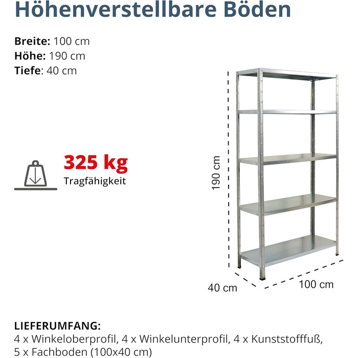 Система стелажів SCHULTE з 5 полицями PowerMAX, вантажопідйомність 65 кг, 190x100x40 см (ВxШxГ), оцинкована, полиця для зберігання, полиця для майстерні, полиця для підвалу, полиця для гаража, металева полиця