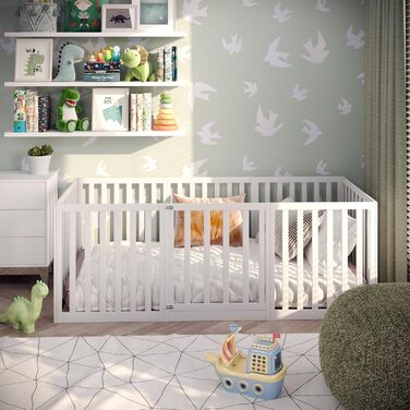 Дитяче ліжко CADANI Teso 90x200 см Ліжко-ліжко Монтессорі з дверцятами та захистом від падіння, 6 варіантів складання, масив сосни білого кольору, можна використовувати як манеж, вкл. рейкову основу 90 x 200 см білого кольору з дверцятами