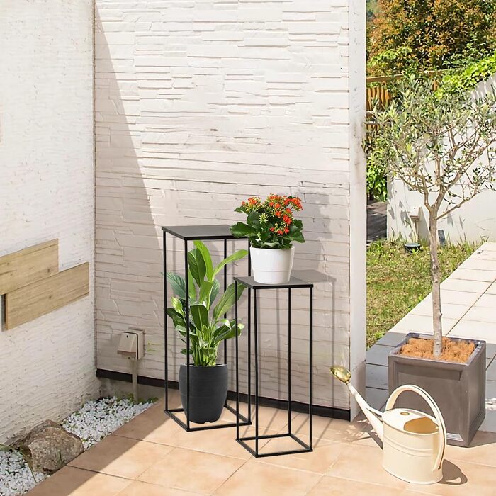 Набір з 2 металевих підставок для квітів VINCIGANT, чорний, підставки для рослин заввишки 70 см та 80 см, штабелюються та міцні, для використання в приміщенні та на вулиці, квіткові табурети, колони для рослин, вітальня, сад, балкон