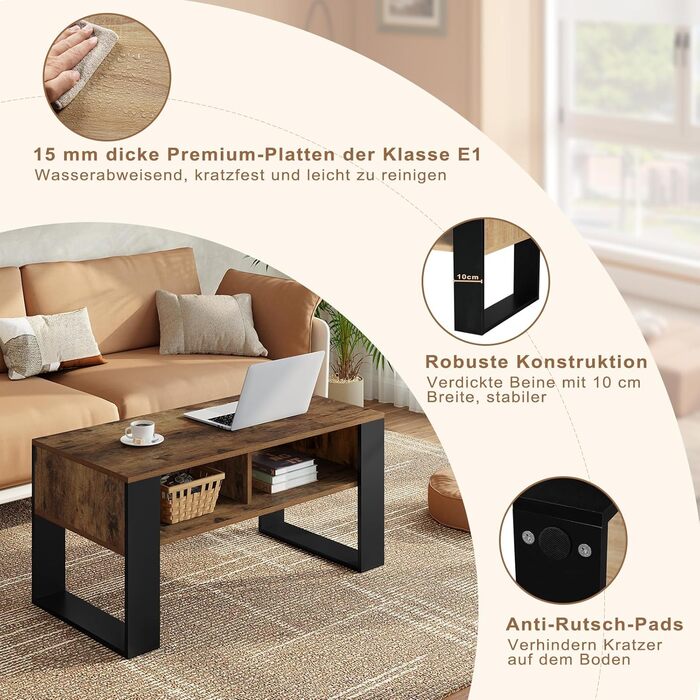 Журнальний столик WOLTU з місцем для зберігання, бічний столик для вітальні, сучасний стіл для вітальні, прямокутний журнальний столик, диван-столик, 2 відкриті відділення, вінтажний дерев&39яний вигляд чорного кольору, BTS16hov