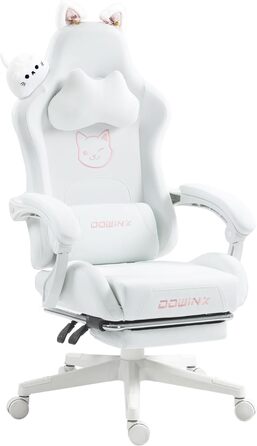 Ігрове крісло Dowinx - Видання &quotМилий кіт&quot - Ергономічне комп&39ютерне крісло з високою спинкою та поперековою опорою, шкіра синтетична, підставка для ніг, білий кіт, білосніжний