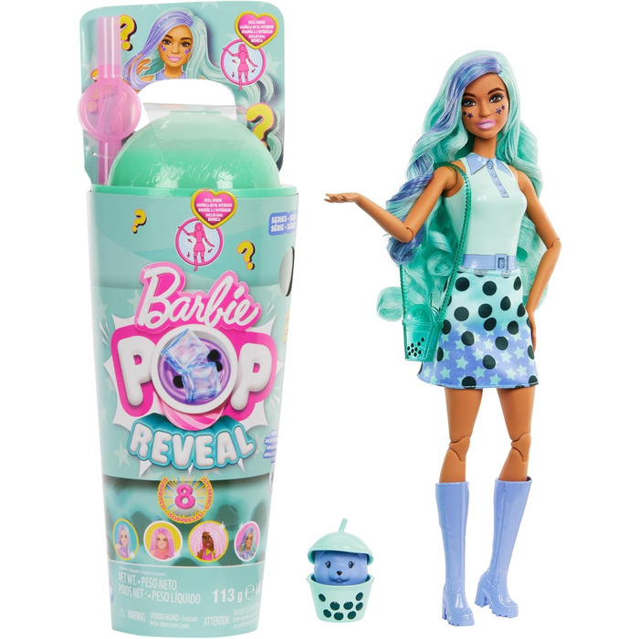 Лялька та аксесуари серії Barbie Pop Reveal Bubble Tea, лялька-модель із запашного зеленого чаю з домашнім улюбленцем, 8 сюрпризів