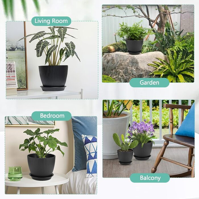 Набір з 6 квіткових горщиків з блюдцями, 6 розмірів горщиків для рослин 17,5/15,5/14/12,5/11,5/10 см, пластикові квіткові горщики для кімнатних та балконних садів, набір горщиків для рослин, чорний