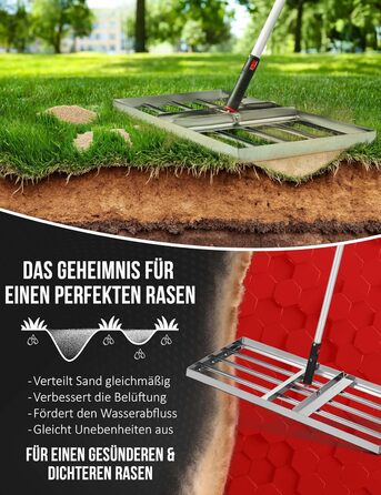 Гребінь для газону з нержавіючої сталі 75x35 см - професійний вирівнювач для газону з ручкою - для розрівнювання, підсипання піском та догляду - ергономічний інструмент для вирівнювання газону, що зберігає спину