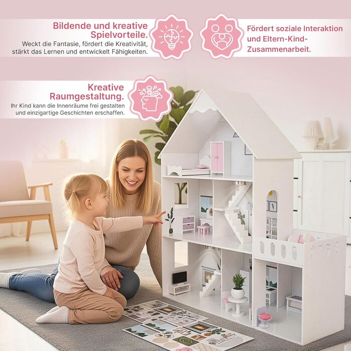 Дерев&39яний ляльковий будиночок Барбі, великий 118 см Kinderplay 3-поверховий ляльковий будиночок для дітей з меблями, світлодіодними лампами, наклейками та аксесуарами сучасний дерев&39яний ігровий будиночок, подарунок для дітей віком від 3 років, білий