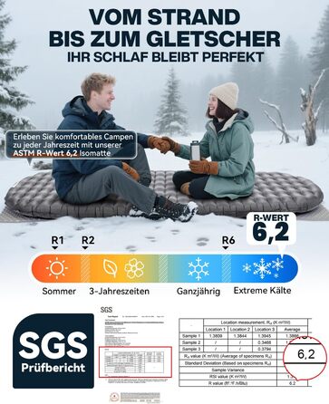 Килимок для сну HIKENTURE 6.2 R-value, надлегкий, товщина 8 см, надувний килимок для сну, кемпінговий повітряний матрац, невеликий розмір у упаковці, 4 сезони, килимок для сну для кемпінгу, відпочинку на природі, походів, сірий 198 см