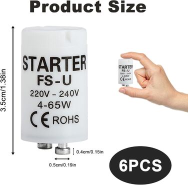 Пакет із 6 стартерів, люмінесцентний пускач FS-U, 4-65 Вт, 220-240 В, надійний пускач розпалу для окремих ланцюгів люмінесцентних ламп, безпечний та ефективний для патронів УФ-стрічок клас енергоспоживання G