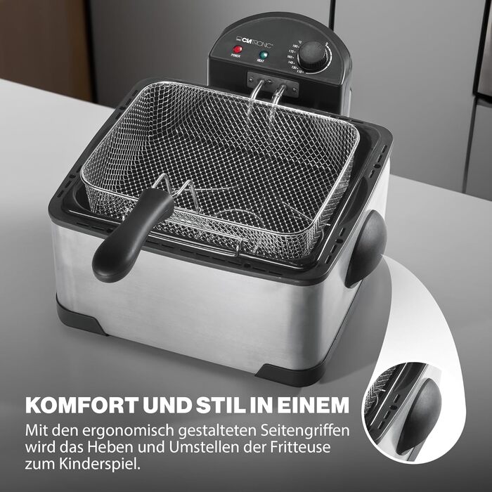 Фритюрниця Clatronic Double Cold Zone FR 3195, 2 маленькі та один великий кошики для смаження, 4 літри, 2000 Вт, нержавіюча сталь