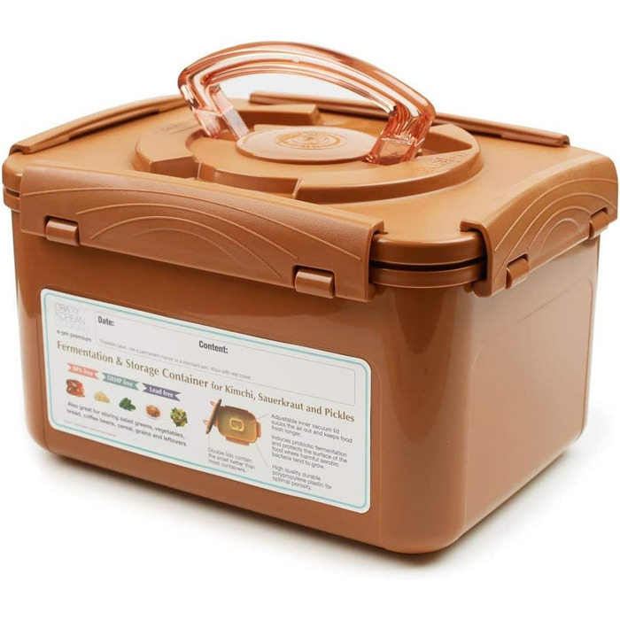 Контейнер для зберігання та ферментації квашеної капусти преміум-класу Crazy Korean Cooking з внутрішньою вакуумною кришкою, піщано-коричневий, 5,2 л, 2 шт. и по 5,2 л (1,3 галона), 2 шт.