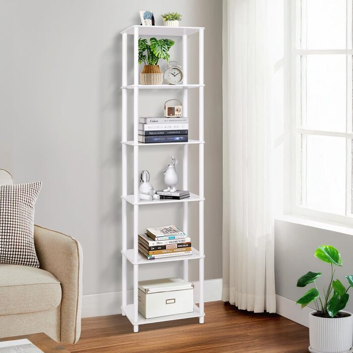 Полиця, книжкова шафа, 6 полиць Біла вузька багатоярусна висока окремостояча полиця, тонка кутова полиця, вінтажні відкриті полиці для спальні та вітальні, 160 x 40 x 30 см Біла 6 рівнів, 40 см (Ш)