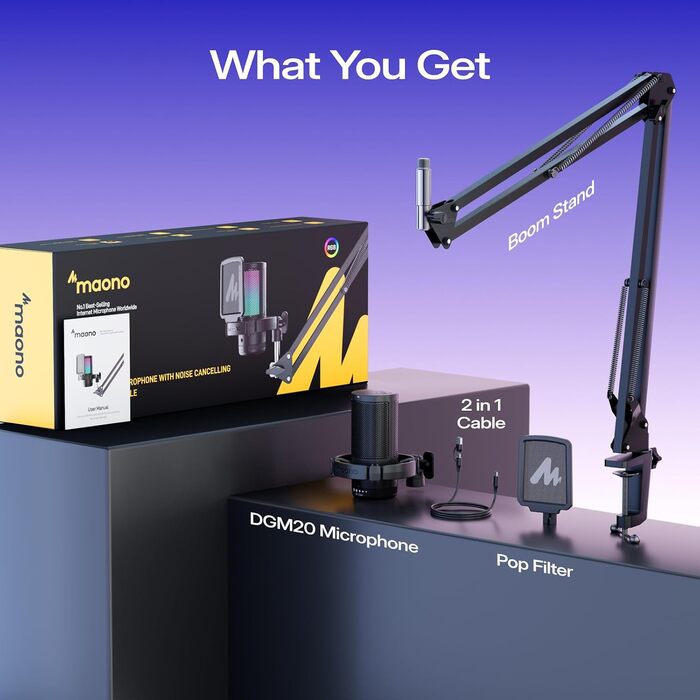 Ігровий USB-мікрофон MAONO DGM20S з пантографом конденсаторний мікрофон з шумозаглушенням, регуляторами Mute, Gain та моніторингом, поп-фільтром для стрімінгу, подкастів, Twitch, YouTube, Discord, PC, PS5, Mac, чорний