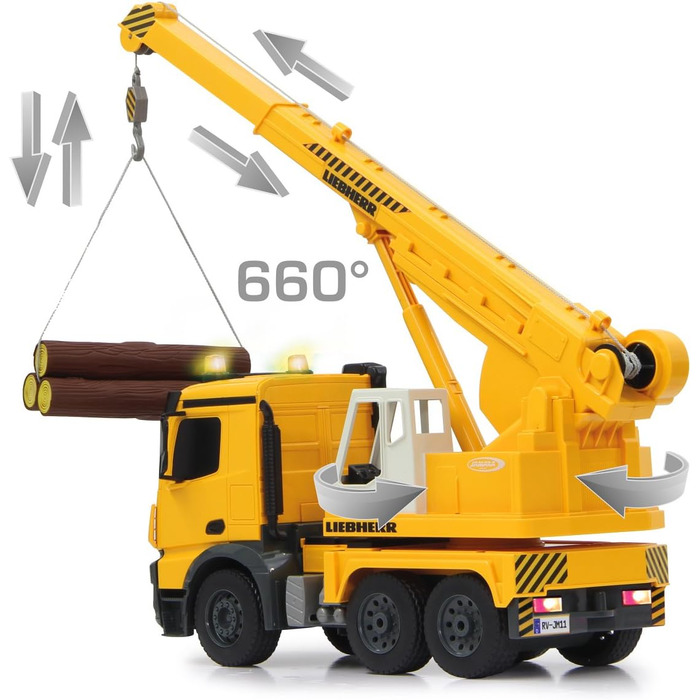 Потужний кран Mercedes Liebherr 120 2,4G - Висувний стріловий кран, поворот на 660, підйом/опускання тросу, жовті світлодіодні сигнальні вогні, реалістичні звуки, повнопривідний, 405034 -