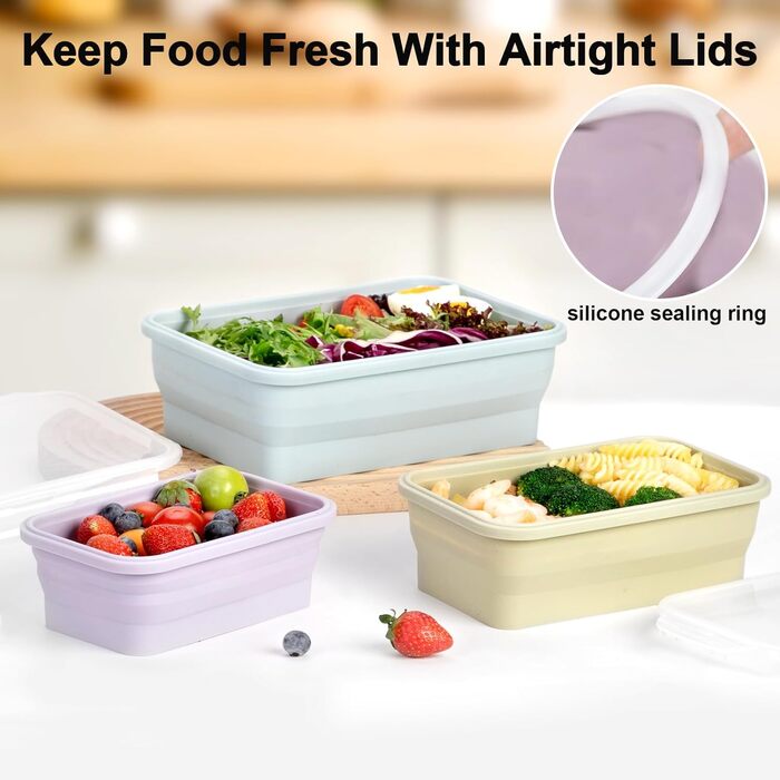 Складаний ланчбокс герметичний, набір з 3-х контейнерів для їжі з силікону 800 мл, 1200 мл, 2000 мл. Ідеально підходить для кемпінгу, пікніків, офісу та кухні.