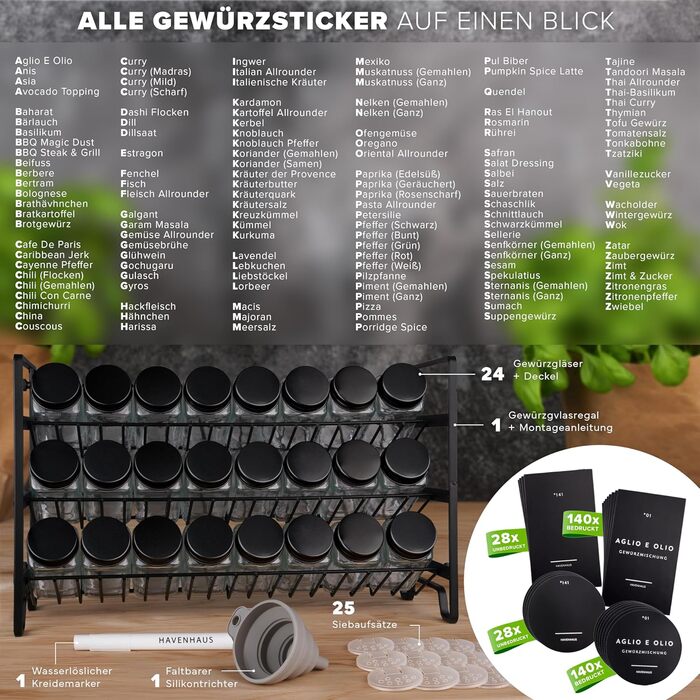 Набір чорних підставок для спецій Окремостоячий або настінний 24 банки для спецій 336 етикеток для спецій Сучасний дизайн Безпечний для харчових продуктів та придатний для миття в посудомийній машині