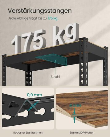 Швидкозбірний надміцний стелаж, окремостоячий стелаж, стелаж для зберігання, кухонний стелаж, 5 полиць, 30 x 75 x 150 см, вантажопідйомність до 875 кг, для підвалу, кухні, кабінету, вінтажно-коричневий GLR300B11