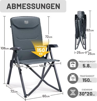 Складаний кемпінговий стілець TIMBER RIDGE, висока спинка, невеликий розмір упаковки, вантажопідйомність 150 кг, 4 регульовані положення, з сумкою, алюмінієвий крісло-реклайнер для саду, балкону, кемпера, сірий, 2 шт.