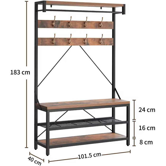 Вішалка HAUSPROFI, вішалка з лавкою, вішалка 4 в 1 з лавкою, вішалка з 8 гачками, металева вішалка з тумбою для взуття, вішалка дл