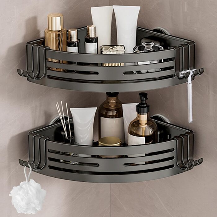 Кутова полиця для душу Lekesky без свердління, з міцними присосками, з алюмінію та нержавіючої сталі, знімна полиця для ванної кімнати, кухні, орендованого житла (набір 2 шт., графітовий сірий колір). Кутова - графітовий сірий.