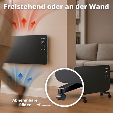 Розумний конвектор FlinQ 2000 Вт - Скляний конвектор, керування за допомогою застосунку - Обігріває до 60 м - Портативний електричний обігрівач - 96 x 46 x 13 см - Чорний
