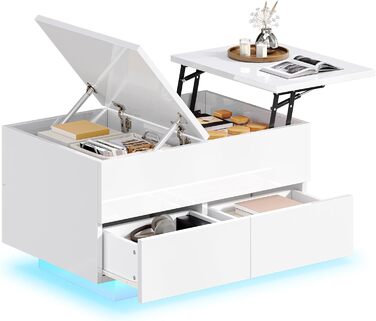 Журнальний столик з регульованою висотою та 4 шухлядами, глянцевий стіл для вітальні зі світлодіодним підсвічуванням, журнальний столик з місцем для зберігання, білий, 80x55x46 см
