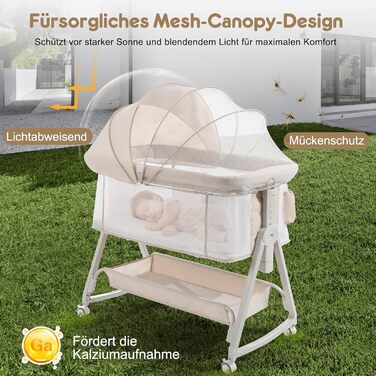 Дитяче ліжечко-тумбочка 4-в-1, покращена стійкість, 6-позиційне регулювання висоти, повністю сітчасті боки для новонароджених до 12 місяців, бежевий колір