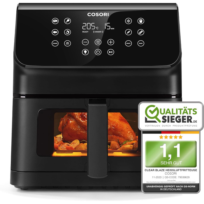 Фритюрниця COSORI Hot Air Fryer XXL 6.2 л з оновленою технологією Rapid Air, 55 енергозбереження, для 3-5 осіб, фритюрниця 12 в 1, 30 книг рецептів, один сенсорний крін, 1700 Вт 6.2 л Clear Blaze Grey