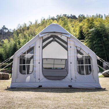 Зимовий надувний намет-будиночок XXL, сімейний намет на 6-8 осіб, надувний кемпінговий намет з насосом, 4-сезонний розкладний намет, великий XXL намет для вулиці з димоходом, сірий, 385x260x200 см