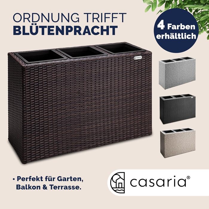 Квітковий ящик Casaria з 3 внутрішніми горщиками, поліратан, знімний, дренаж води, для зовнішнього використання, прямокутний, кашпо, квітковий горщик, піднята грядка, горщик для рослин, коричневий